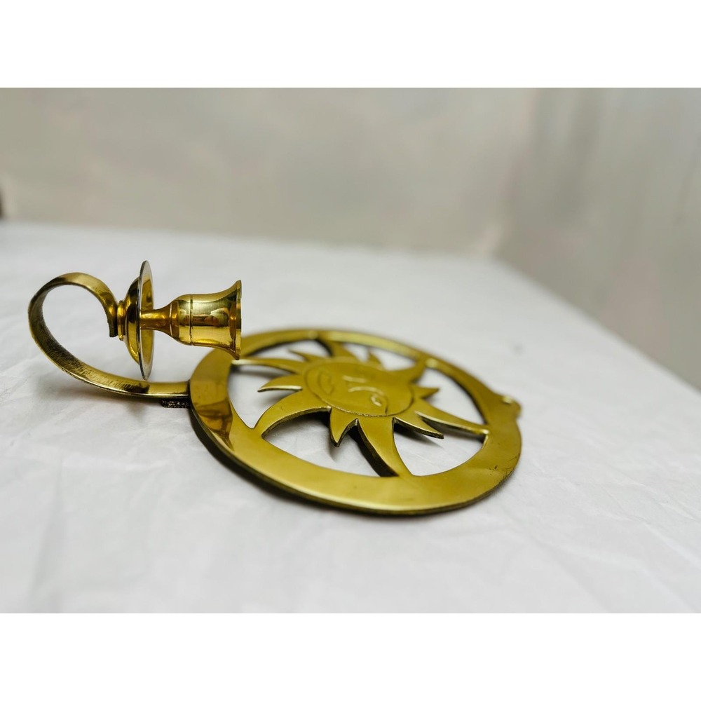 Vintage Brass Sun Face Wall Sconce Candle Holder Celestial Boho Decor Gold Tone - Picture 7 of 7
